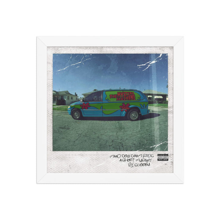 Yoinks! framed square wall art with teal-green van artwork in a black, red oak, or white frame.