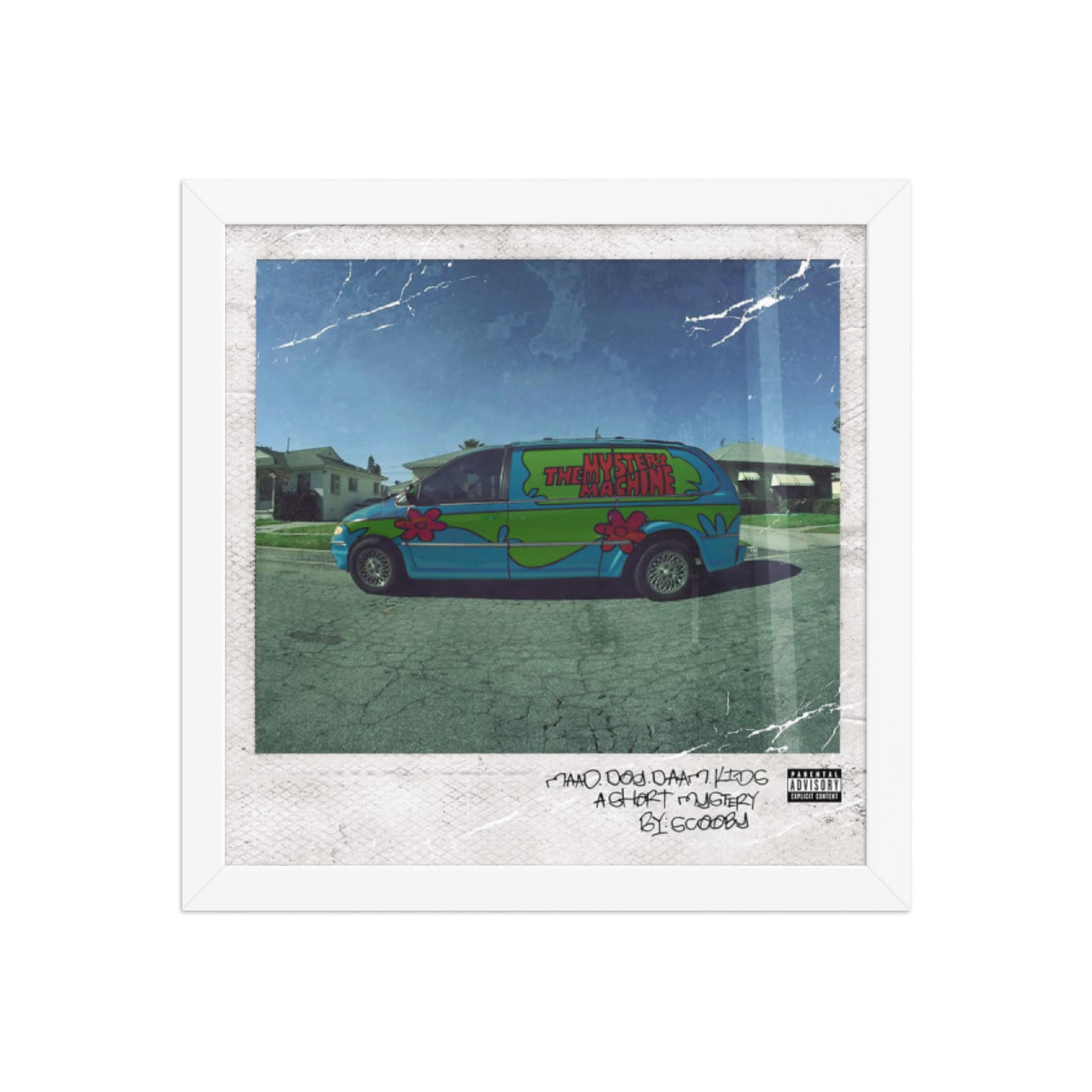 Mystery Machine Framed طبعة غلاف ألبوم بإطار مع van أخضر وتركوازي.