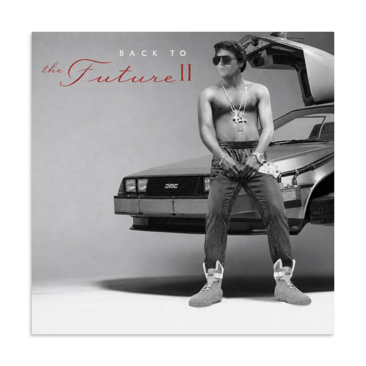 Lil McFly black-and-white album-cover remix print with a man in sunglasses, chains, a gull-wing car, and red script.
