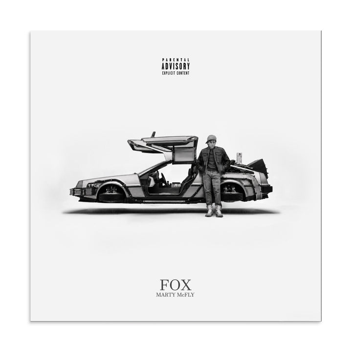 FOX minimalist black-and-white album-cover remix print with a standing figure and sports car on a white background.