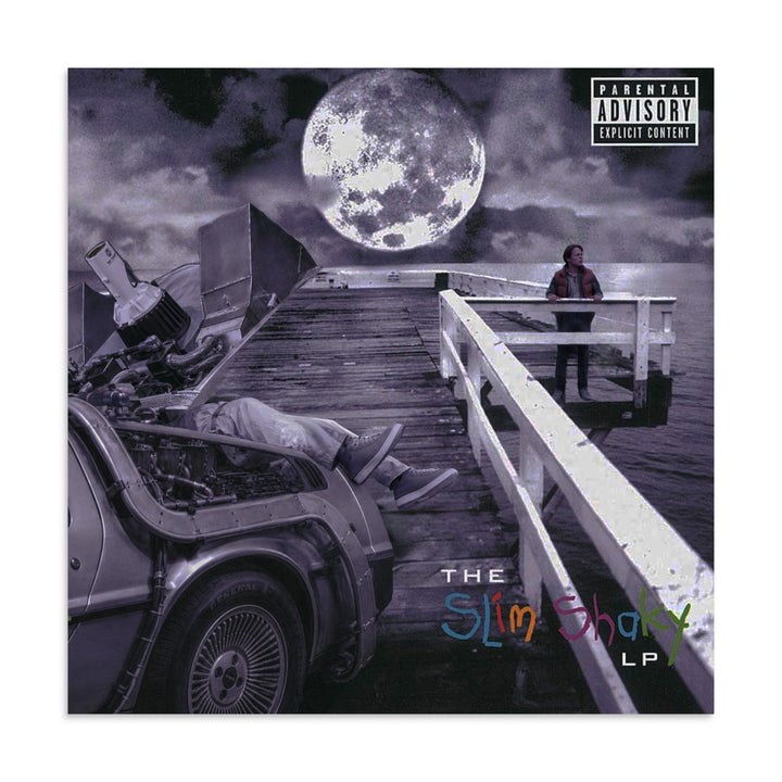Slim Shaky purple-gray moonlit album-cover remix print with a car and lone figure on a pier.
