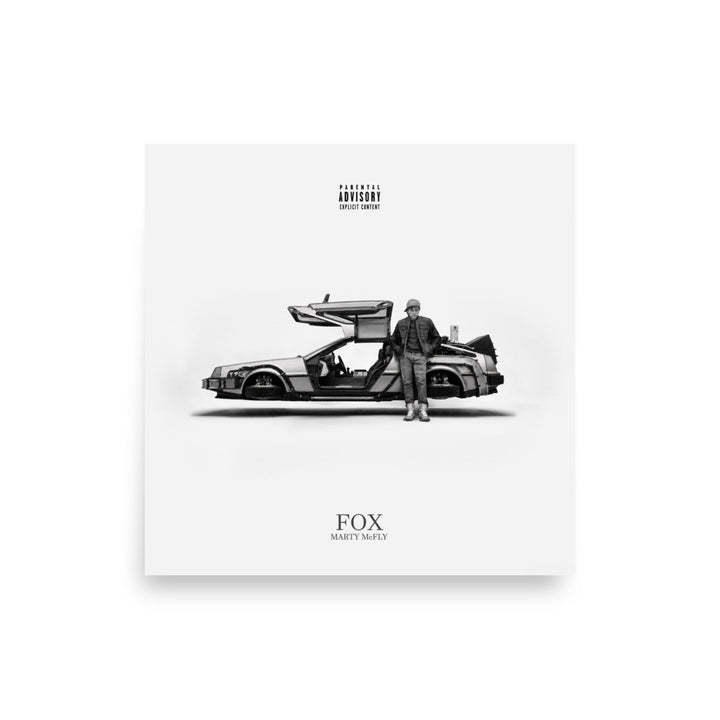 FOX minimalist black-and-white album-cover remix print with a standing figure and sports car on a white background.