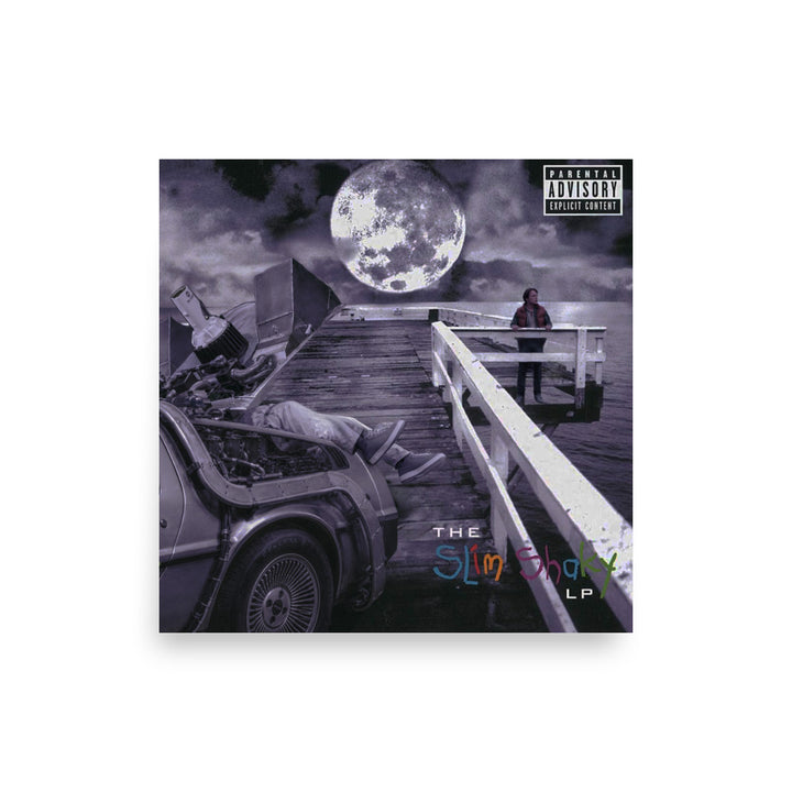 Slim Shaky purple-gray moonlit album-cover remix print with a car and lone figure on a pier.