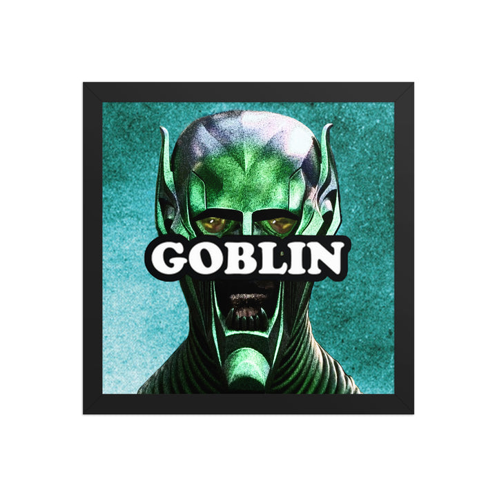 Green the Goblin framed square wall art with teal-green helmet portrait in a black, red oak, or white frame.