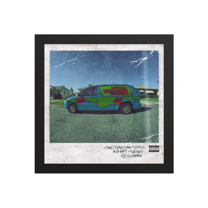 Yoinks! framed square wall art with teal-green van artwork in a black, red oak, or white frame.