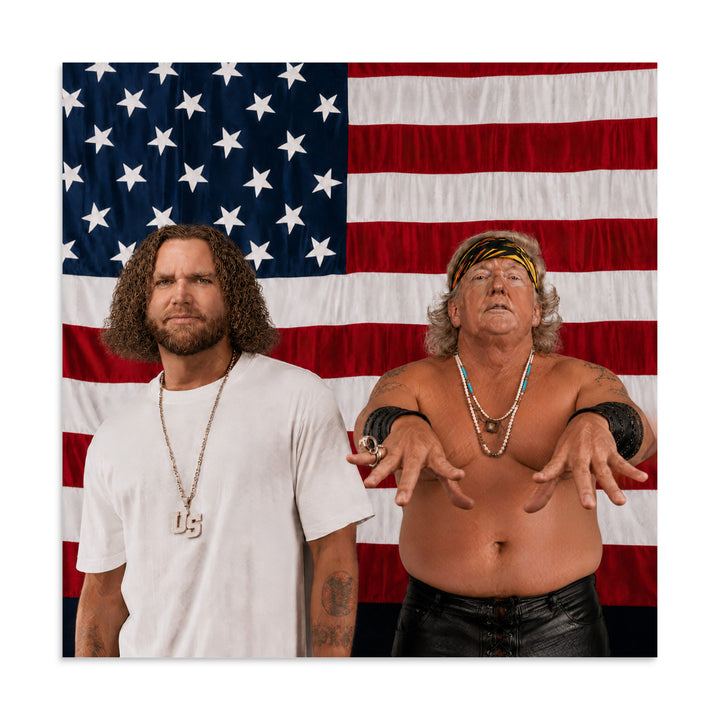 Spankonia album-cover remix print with two figures in front of a red, white, and navy flag.